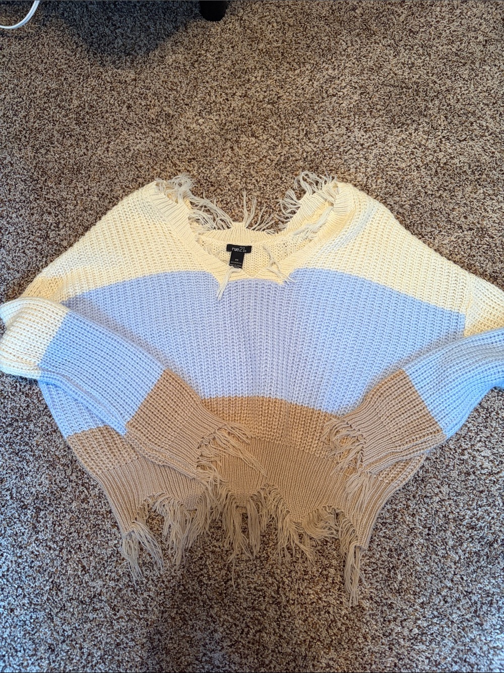 Rue21 Cream, Light Blue & Tan Striped Fringe Knit Sweater